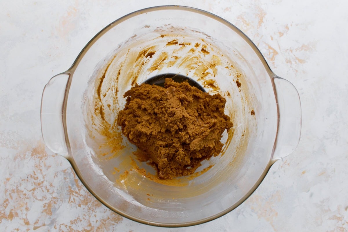 Cookie dough after mixing in molasses, egg, and vanilla.
