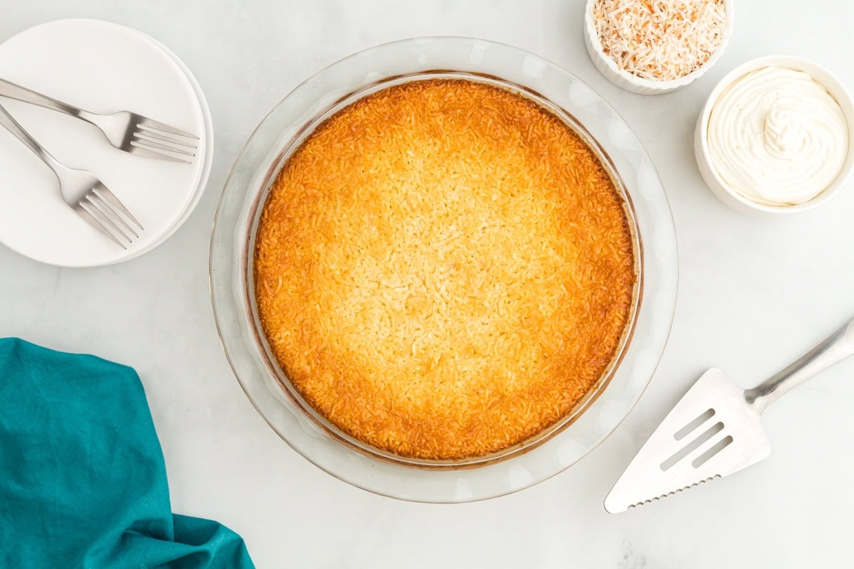 Overhead view of baked crustless coconut pie with whipped cream and toasted coconut ready for serving.