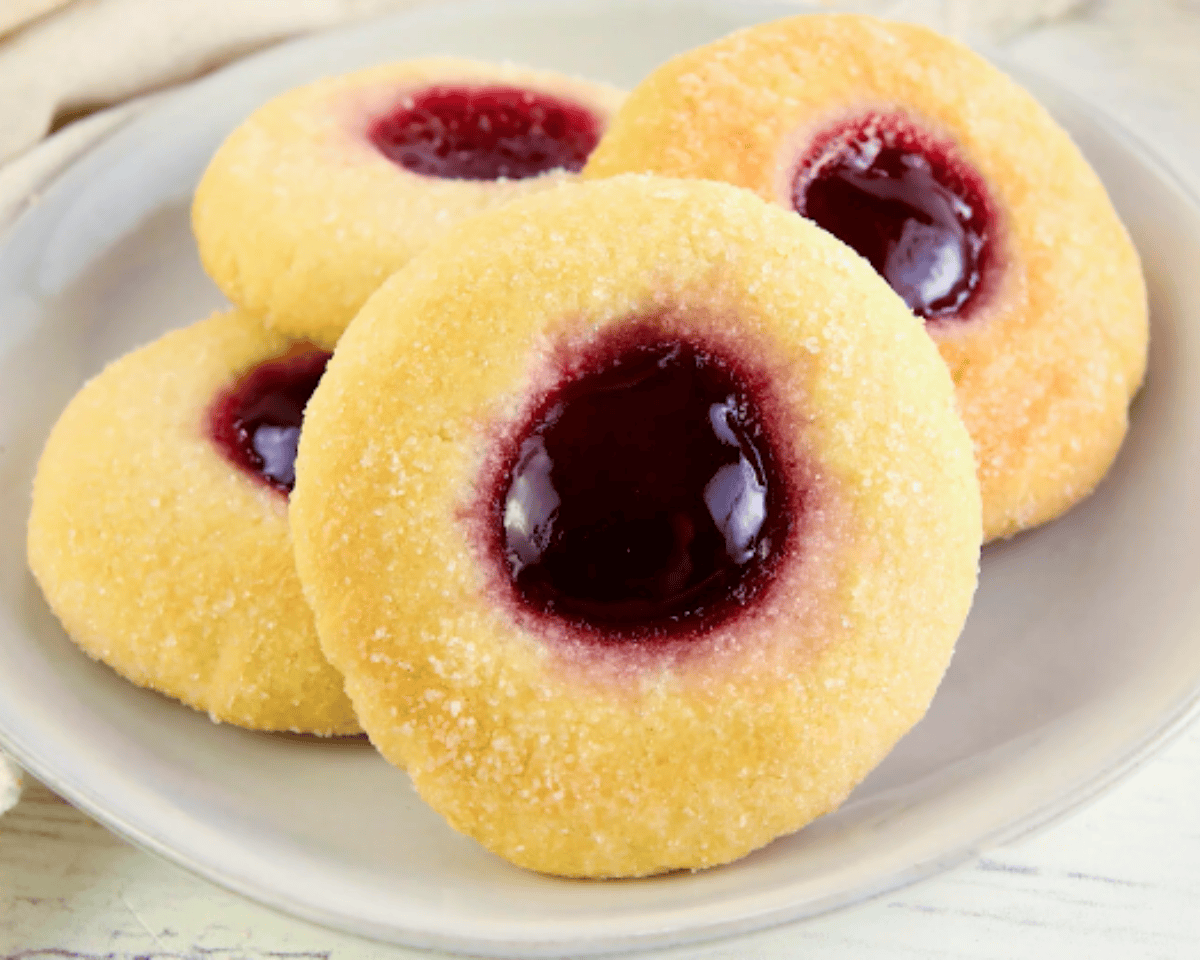finished gluten-free thumbprint cookies on a plate