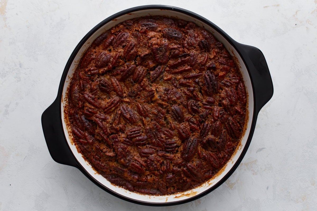 crustless pecan pie from the oven