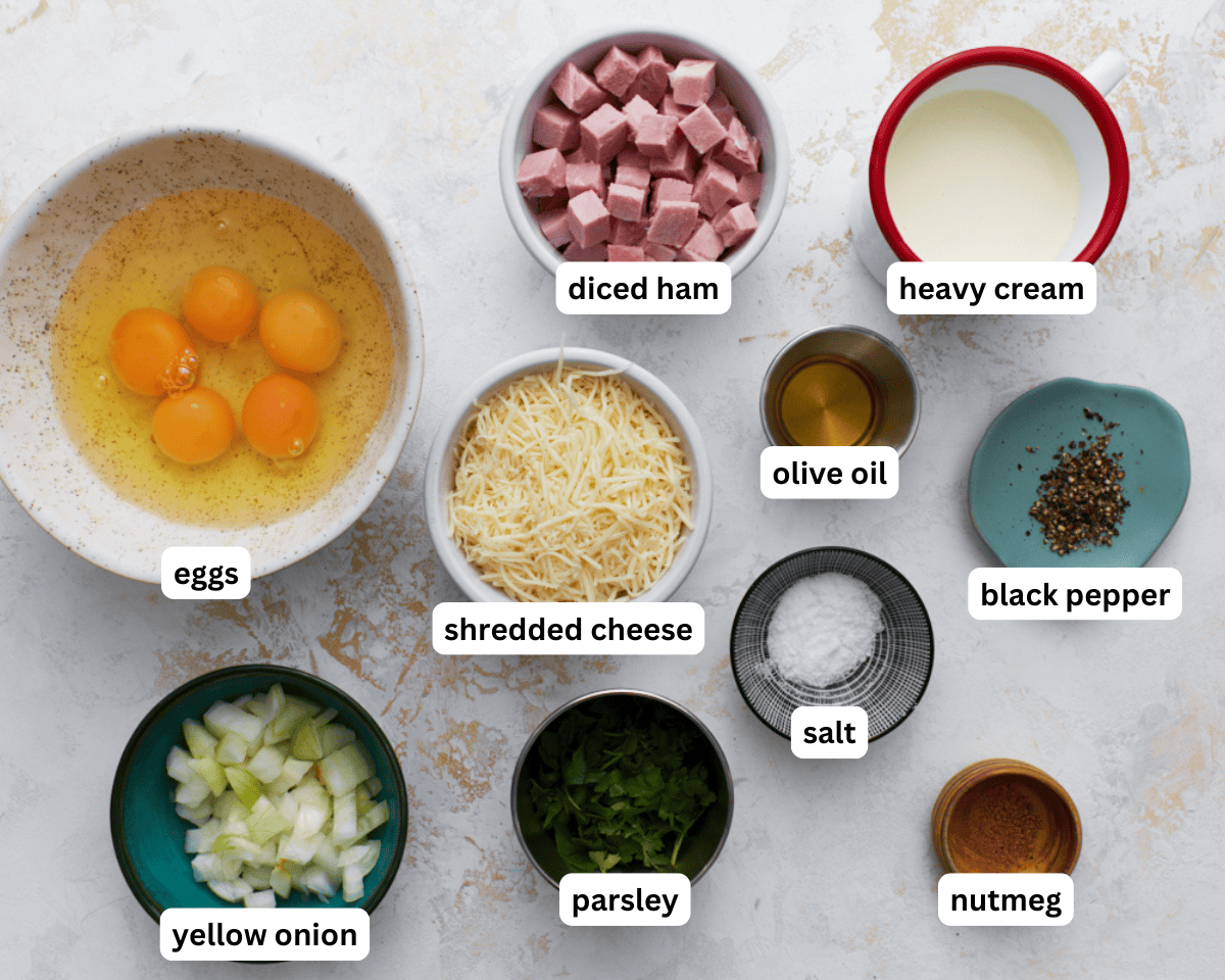 ingredients to make crustless ham and cheese quiche
