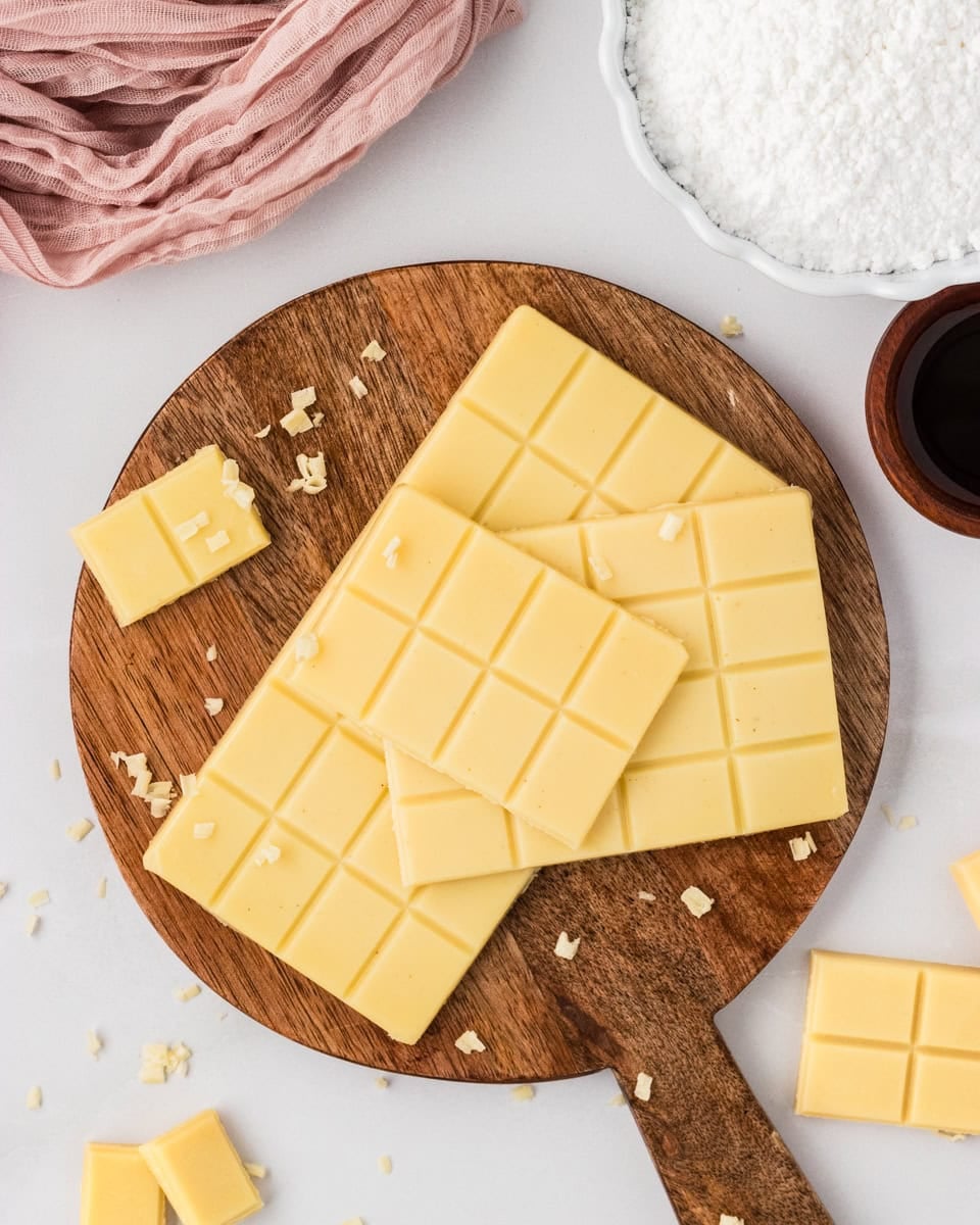 Vegan white chocolate bars stacked on a wooden board with small shaved pieces scattered around.