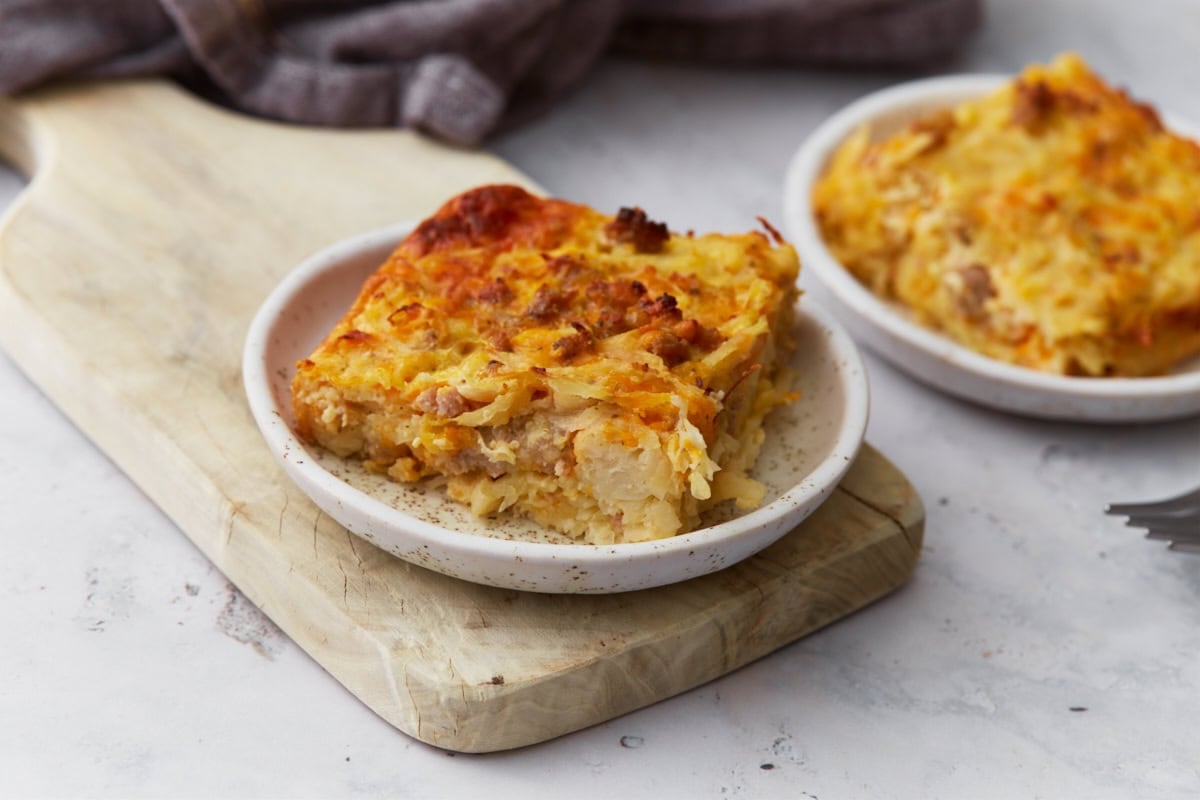 finished slice of gluten-free breakfast casserole served on a plate