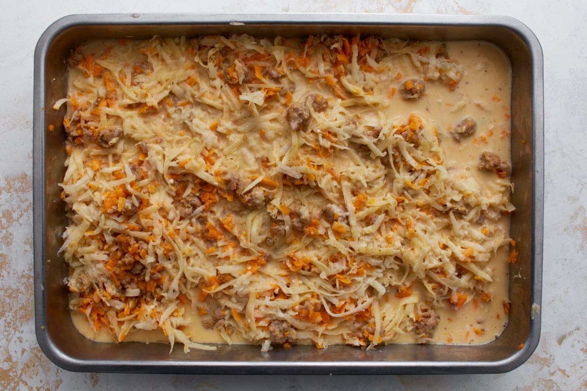 pre-baked gluten-free breakfast casserole ready to go into the oven