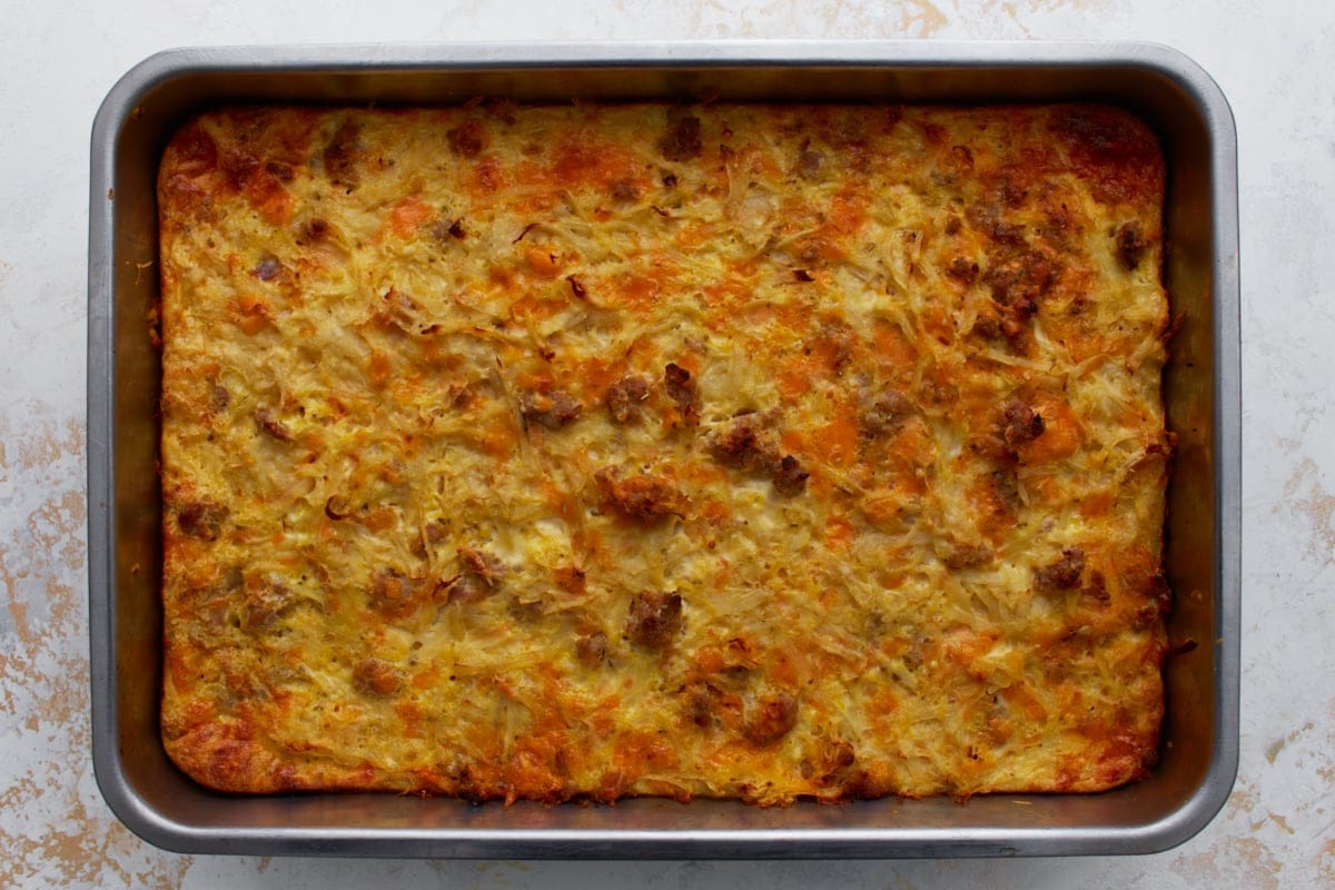 finished gluten-free breakfast casserole in a baking dish