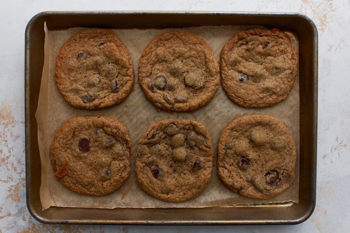 Six baked buckwheat chocolate chip cookies arranged on a parchment lined baking sheet