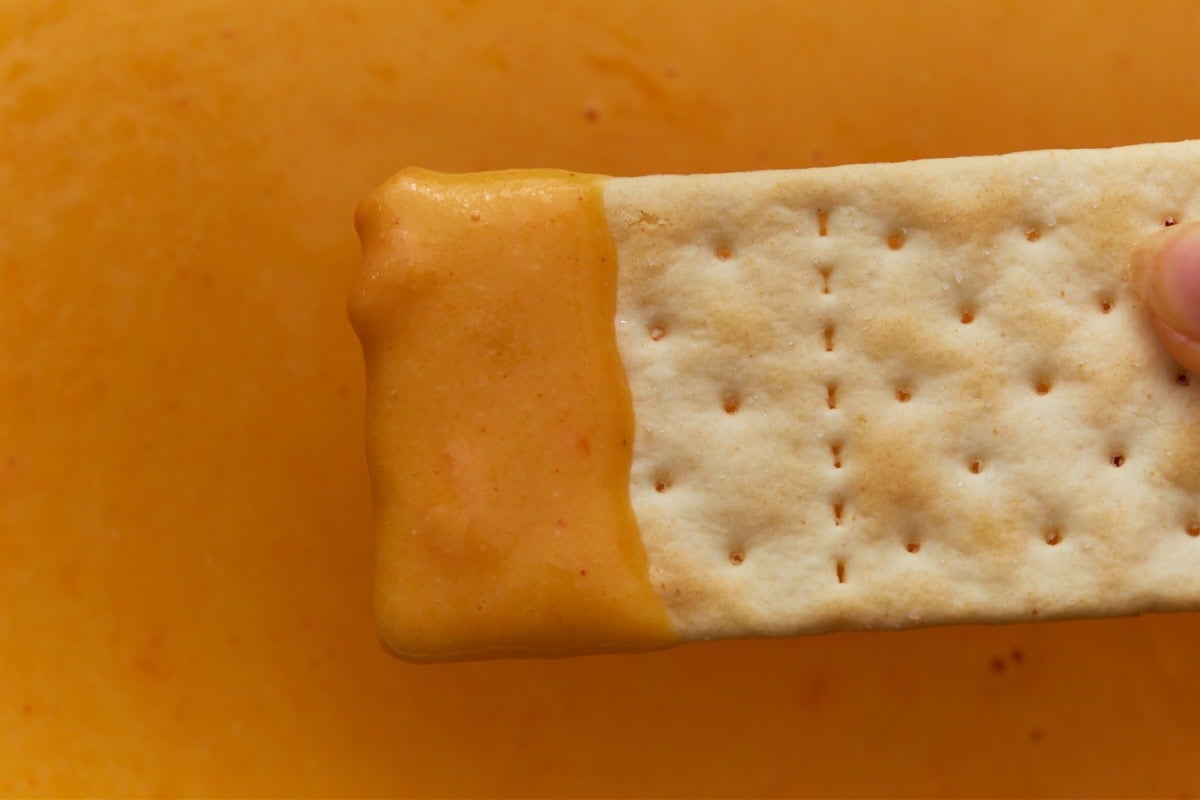 cracker dipped in gluten-free beer cheese sauce