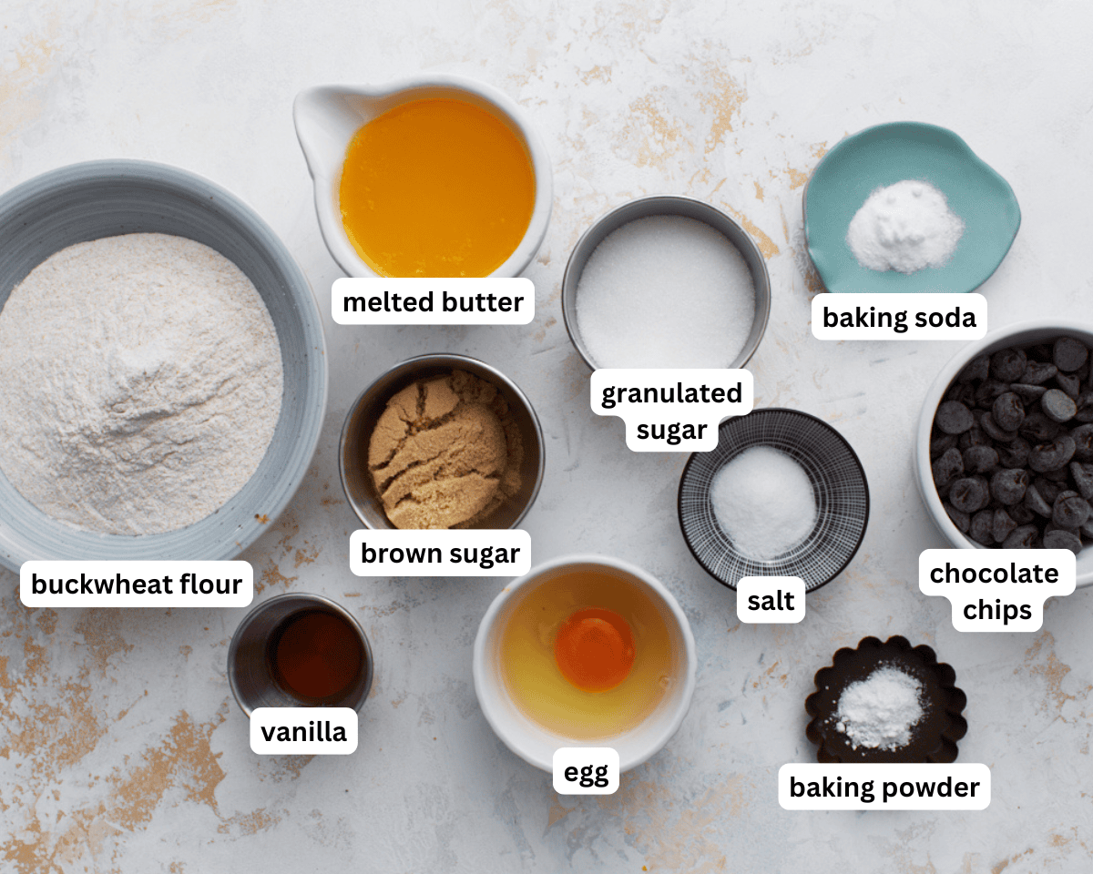 ingredients for buckwheat chocolate chip cookies