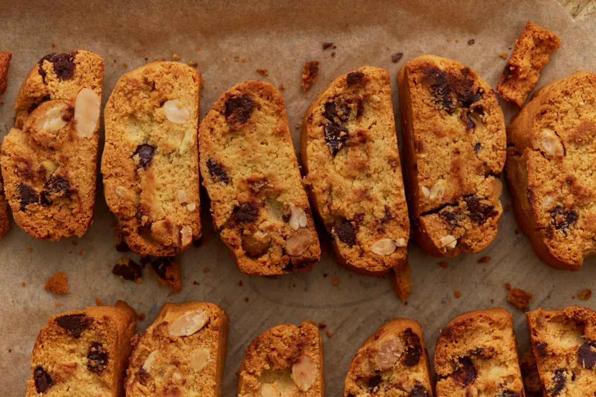 Crispy almond flour biscotti with chocolate chips and almonds after the second bake