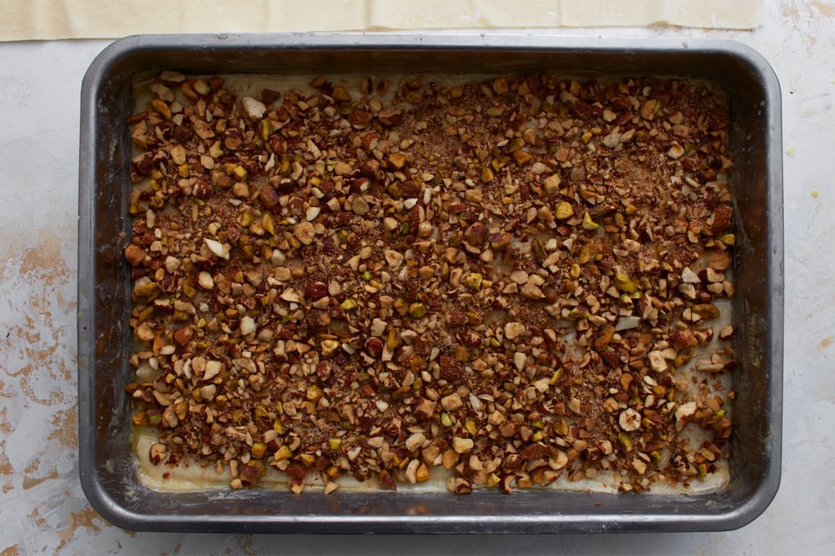 Second layer of chopped nuts and cinnamon spread over gluten-free phyllo for baklava.