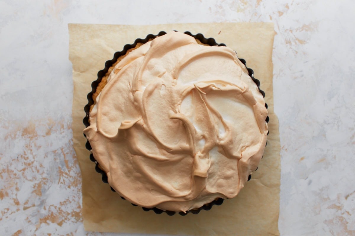 Gluten-free lemon meringue pie baked until the meringue is lightly golden