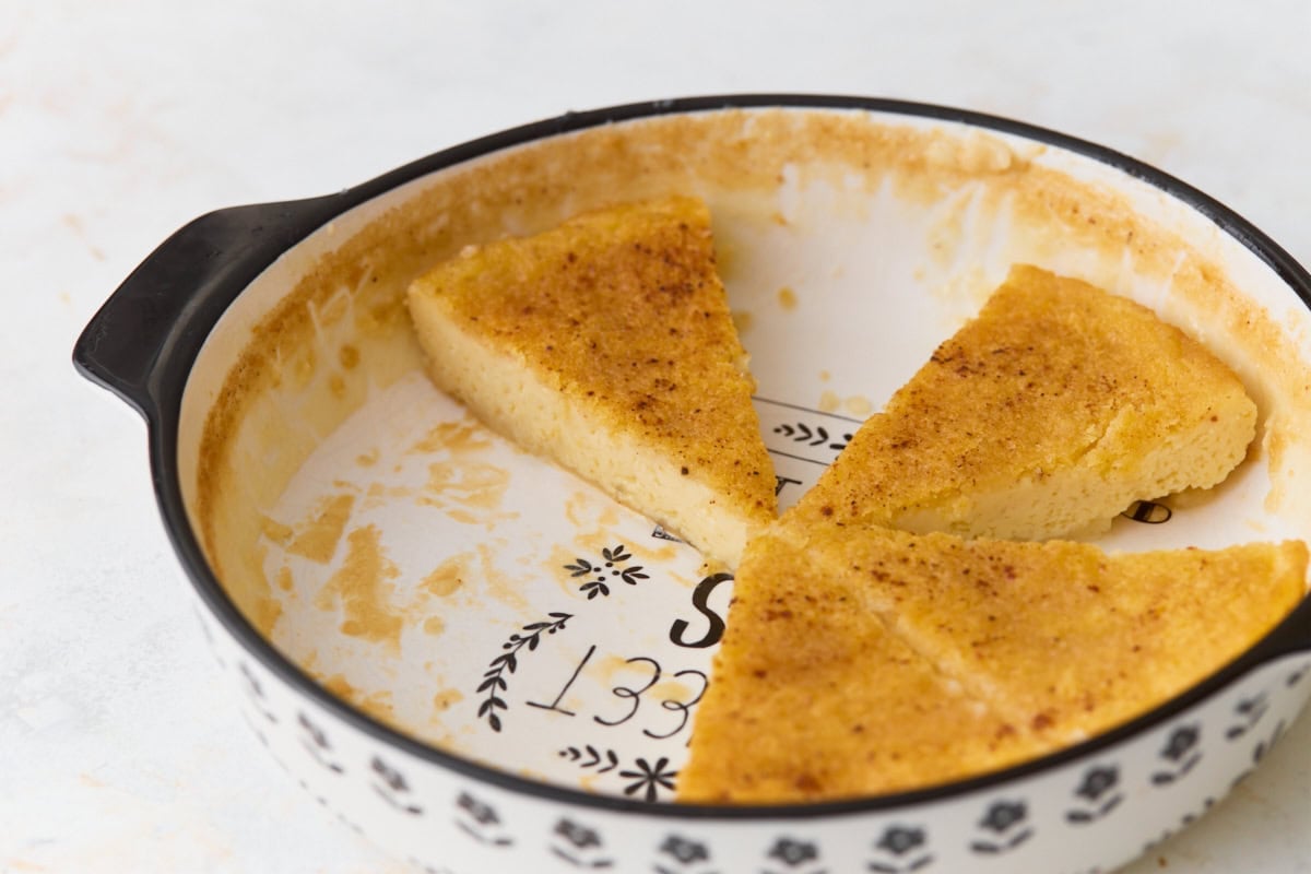 Gluten-free crustless custard pie sliced in the baking dish