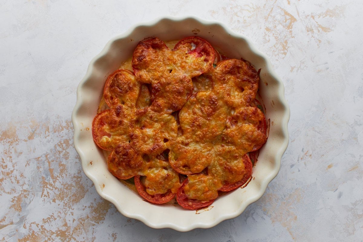 Freshly baked crustless tomato pie with golden melted cheese in a white scalloped pie dish.