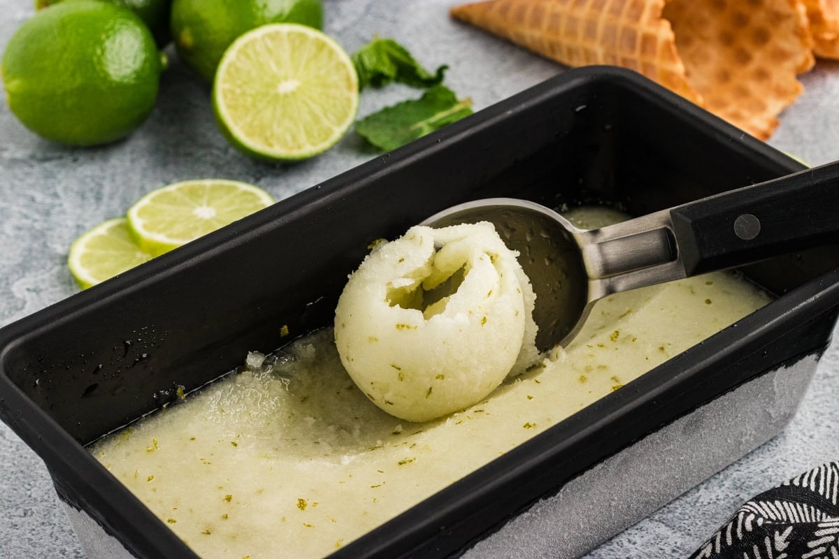 lime sorbet finished and being scooped up