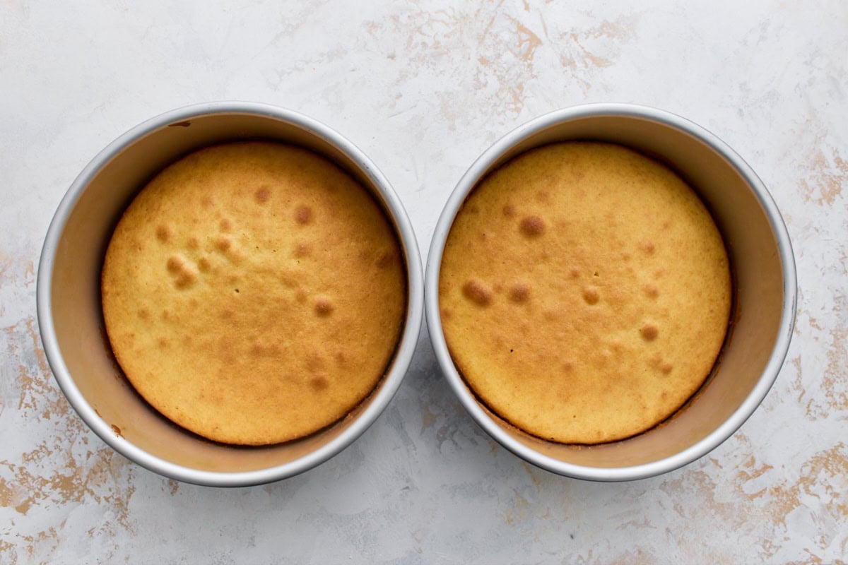 Two golden baked gluten-free sponge cake layers in their round pans