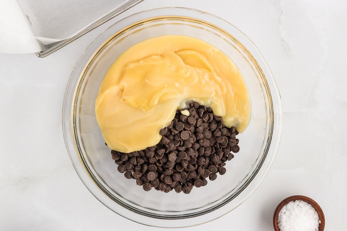 Overhead view of sweetened condensed coconut milk and dairy-free chocolate chips in a glass bowl before melting