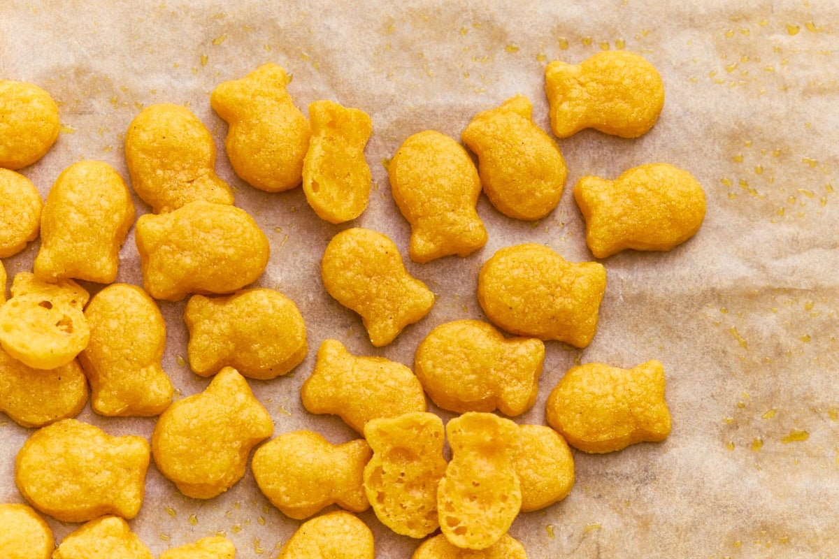 Close-up of baked gluten-free goldfish crackers on parchment paper, with a few broken open to show the crisp, airy crumb.